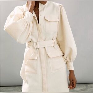 Mare Mare x Anthropologie Zoey Utility Cream Long Puff Sleeve Mini Dress Size XS